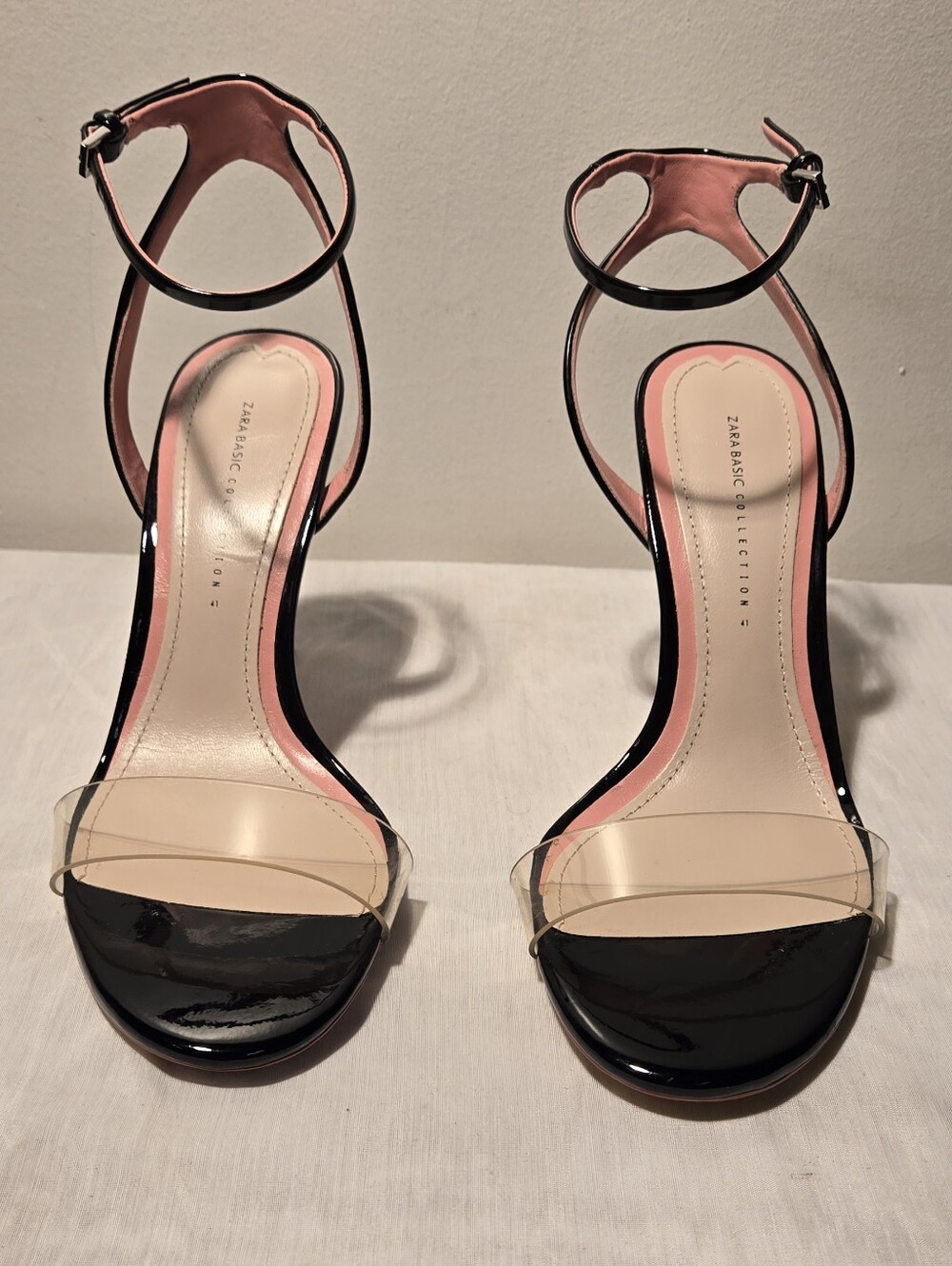 Zara Black Patent Heeled Sandals with Clear Toe Strap